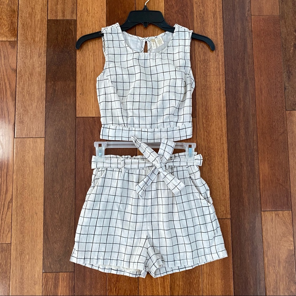 Japna Cropped Top & Belt Short Checkered Off White Matching Set Women's Size XS